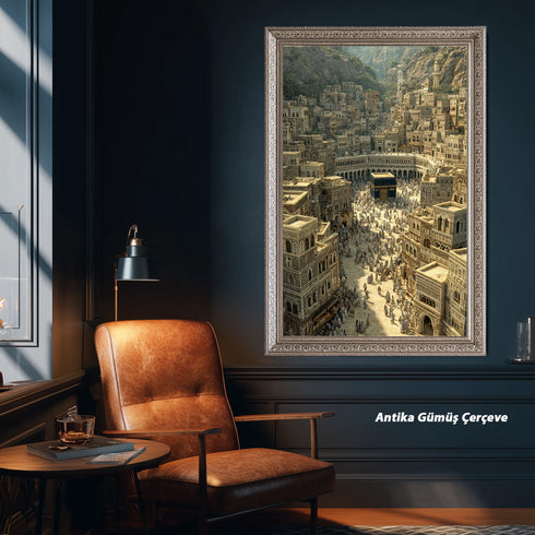 Eski Kabe-i Muazzama ve Mekke Şehir Manzarası Kanvas Tablo – Hac ve Umre Temalı İslami Duvar Dekoru, Dini ve Manevi Salon Tablosu