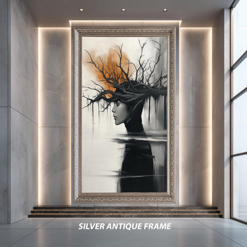 Surreal Woman Tree Wall Art Print, Dark Abstract Portrait Poster, Nature Mind Concept Artwork, Modern Emotional Black White Decor