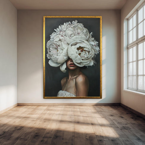 Floral Woman Portrait Wall Art, Surreal White Peony Head Print, Botanical Feminine Artwork for Modern Home Decor