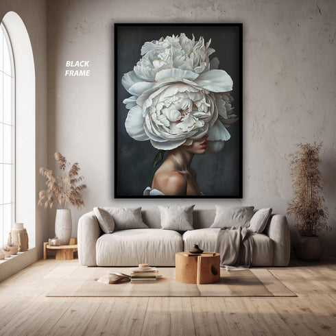 Floral Woman Portrait Wall Art, Surreal White Peony Head Artwork, Modern Botanical Female Print for Elegant Home Decor