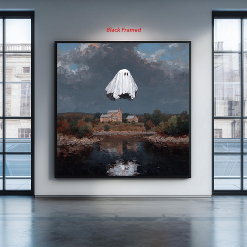 Flying Ghost Painting Over Countryside Landscape Spooky Halloween Art Surreal Haunted House Scene for Gothic or Quirky Wall Decor