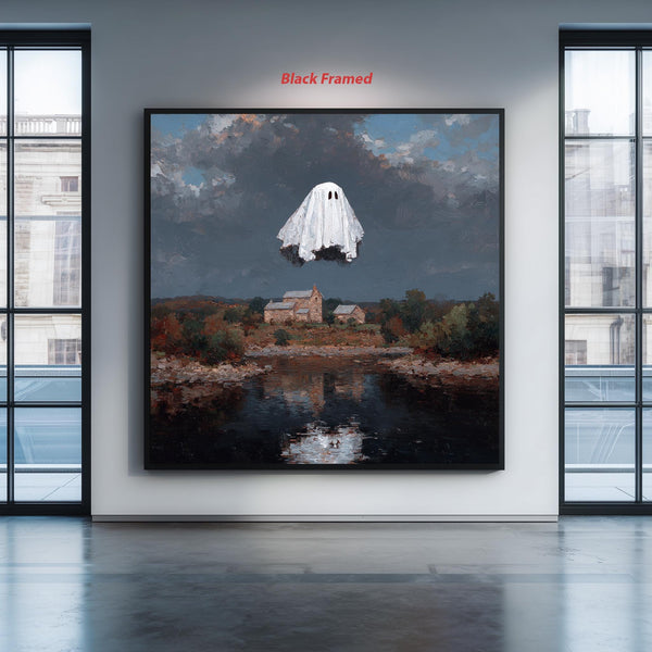 Flying Ghost Painting Over Countryside Landscape Spooky Halloween Art Surreal Haunted House Scene for Gothic or Quirky Wall Decor