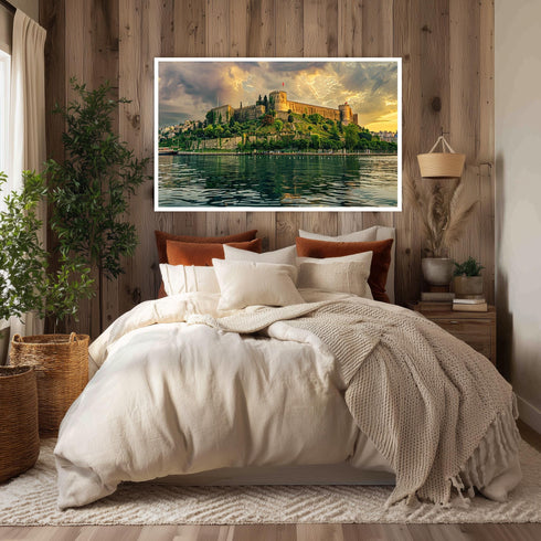Rumeli Fortress Istanbul Canvas Art, Golden Sunset over Bosphorus Print, Historic Turkish Landmark Wall Decor for Cultural Interiors