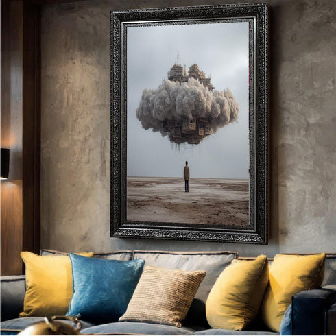 Surreal Cloud City Wall Art – Floating Building in Sky over Desert, Sci-Fi Fantasy Landscape Print for Modern Home Decor