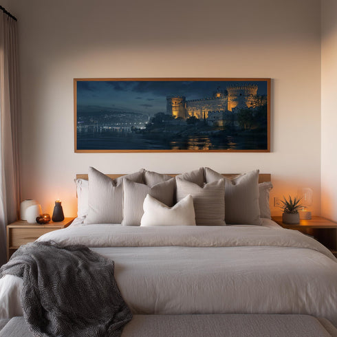 Rumeli Fortress Night Canvas Print, Istanbul Castle Wall Art with Bosphorus Lights, Dark Historic Cityscape Decor for Moody Interiors