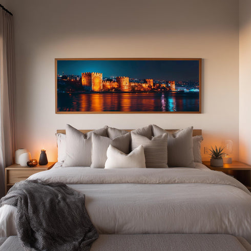 Rumeli Fortress Night Canvas Wall Art, Illuminated Istanbul Castle Print, Bosphorus Evening Landscape Decor for Elegant Interiors