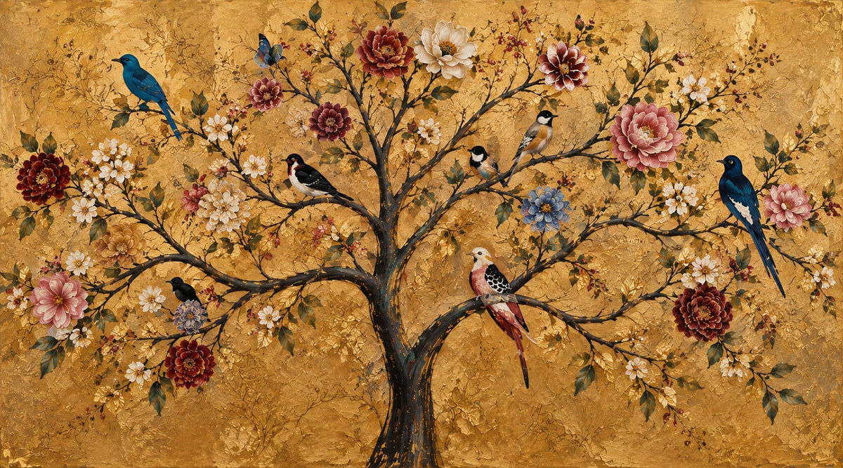 Klimt Hayat Ağacı Altın Sarısı Art Deco Yatay Kanvas Tablo
