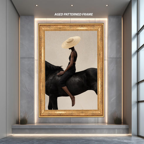 Minimalist Fashion Photography Wall Art, Woman on Black Horse Print, Modern Neutral Decor, Contemporary Fine Art Poster for Home