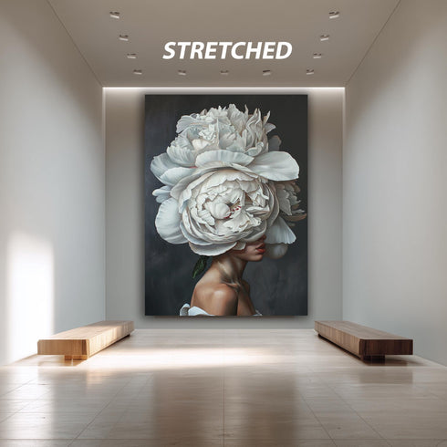 Floral Woman Portrait Wall Art, Surreal White Peony Head Artwork, Modern Botanical Female Print for Elegant Home Decor