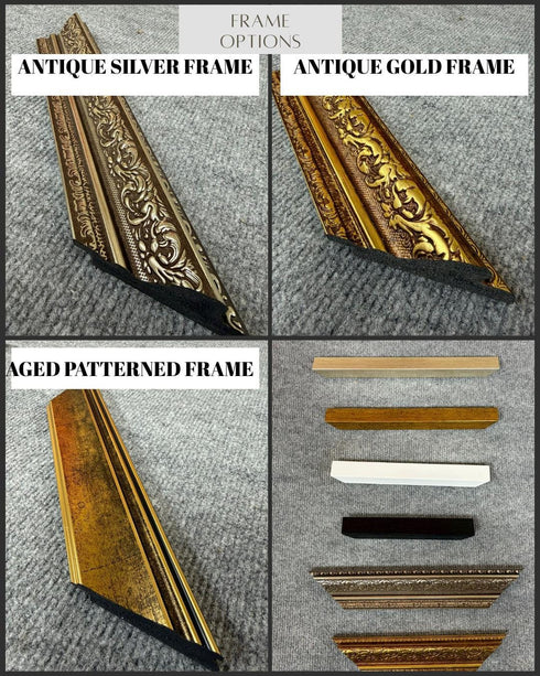 The image is a collage of four photographs showcasing different types of antique framed picture frames, including a silver frame, a gold frame, an aged patterned frame, and a gold frame.
