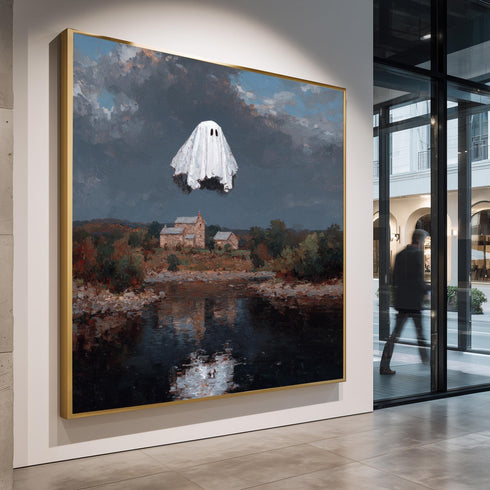Flying Ghost Painting Over Countryside Landscape Spooky Halloween Art Surreal Haunted House Scene for Gothic or Quirky Wall Decor