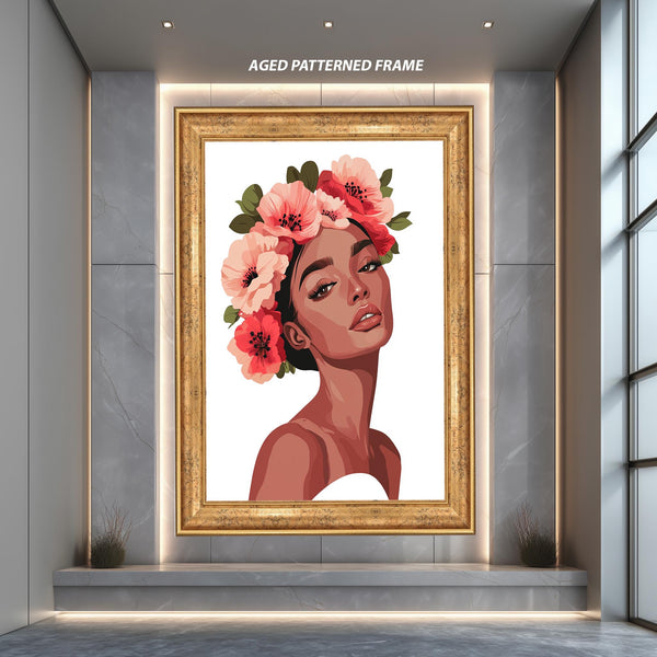Floral Woman Portrait Canvas Art Print, Modern Feminine Wall Art, Minimalist Flower Crown Illustration for Boho or Chic Room Decor