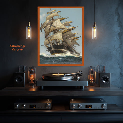 Fırtınalı Denizde Yelkenli Gemi Suluboya Sanat Baskısı, Denizcilik ve Macera Temalı Klasik Tablo Duvar Dekoru