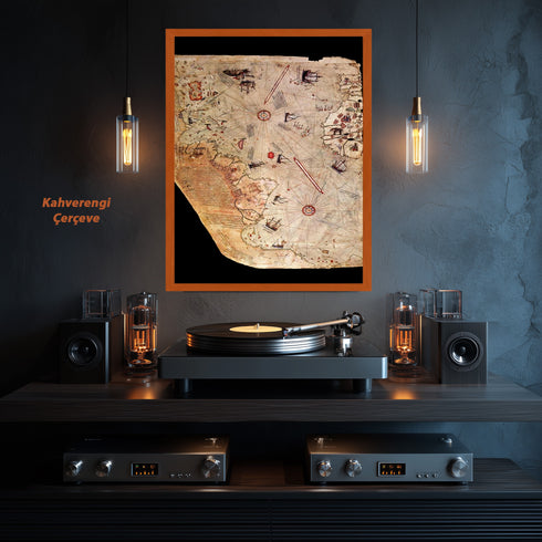 Piri Reis Tarihi Deniz Haritası ve Keşif Roteleri, Antik Kartografya Detaylarıyla Oryantal ve Nostaljik Dünya Haritası Sanat Eseri