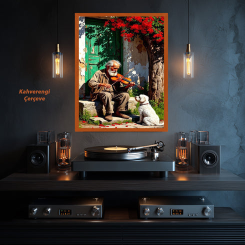 Kemancı Yaşlı Adam ve Sadık Köpek Suluboya Sanat Baskısı, Nostaljik Köy Sahnesi ve Doğal Işıklarla Duygusal Duvar Dekoru