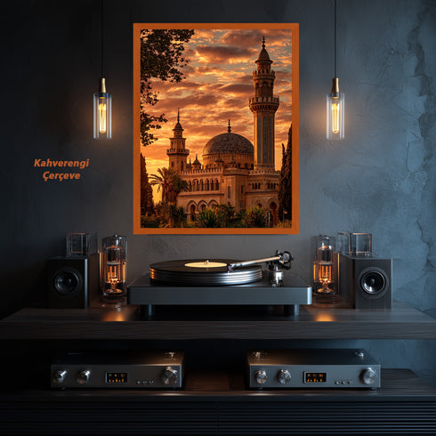 Gün Batımında Tarihi Cami ve Minare Kanvas Tablo – Altın Gökyüzü Temalı İslami Duvar Dekoru, Dini ve Manevi Salon Tablosu