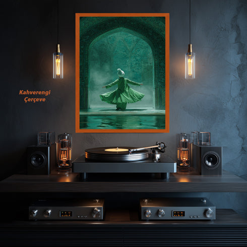 Semazen ve Tasavvuf Temalı İslami Kanvas Tablo – Yeşil Tonlu Manevi Atmosferli Dini Duvar Dekoru, Mevlevi Sanat Eseri