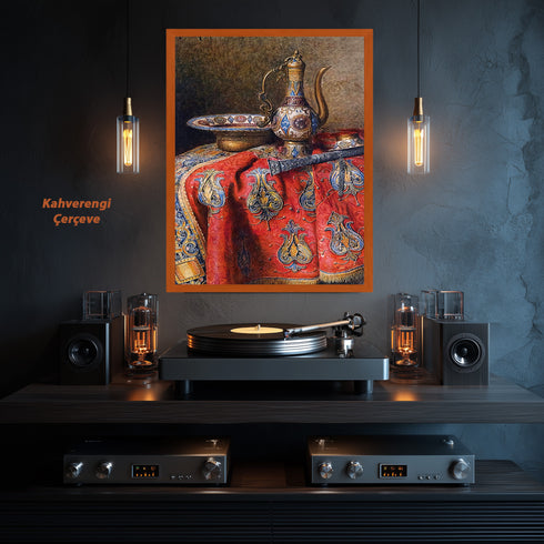 Eskitilmiş Çerçeveli Oryantal Natürmort Sanat Tablosu Poster, Osmanlı İbriği ve İşlemeli Kumaş Detaylı Klasik Duvar Sanatı