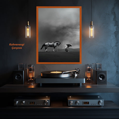 Namaz Kılan Müslüman ve At Silüeti Kanvas Tablo – Siyah Beyaz İslami Duvar Dekoru, Manevi ve Dini Anlamlı Salon Tablosu