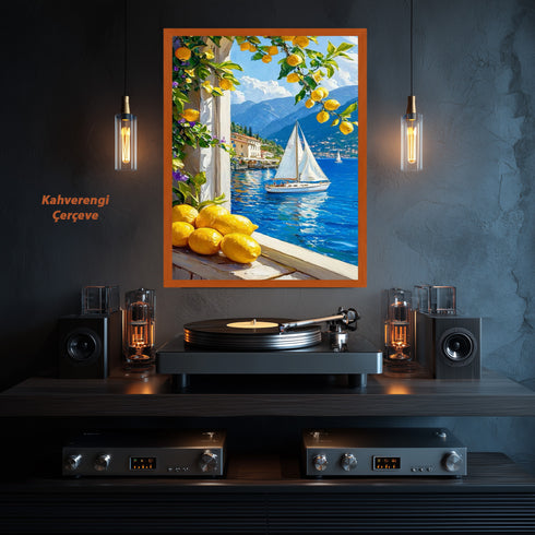 Limon Ağaçları ve Mavi Deniz Manzarası Sanat Baskısı, Akdeniz Sahilinde Yelkenli Tekne ile Yaz Esintili Duvar Dekoru