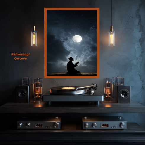 Dolunay Altında Dua Eden Müslüman Silüeti Kanvas Tablo – Gece ve Yıldız Temalı İslami Duvar Dekoru, Dini ve Manevi Salon Tablosu