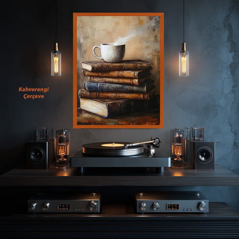 Buharlı Kahve Fincanı ve Eski Kitaplar, Sıcak ve Huzurlu Atmosferli Nostaljik Okuma Köşesi Temalı Sanat Tablosu