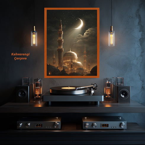 Hilal ve Yıldızlı Gece Camii Kanvas Tablo – Altın Işıltılı İslami Duvar Dekoru, Dini ve Manevi Atmosferli Salon Tablosu