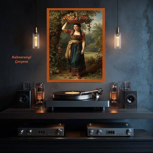 Meyve Sepeti Taşıyan Kırsal Kadın Sanat Baskısı, Doğal Bereket ve Geleneksel Yaşam Temalı Klasik Yağlı Boya Stil Duvar Dekoru