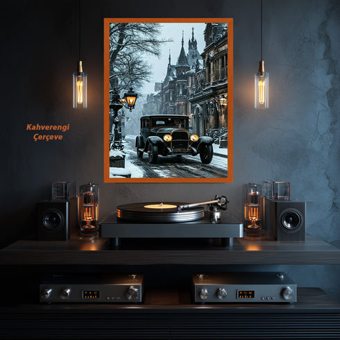 Karlı Sokakta Klasik Araba Sanat Baskısı, Gotik Mimarili Tarihi Şehirde Kış Atmosferi ve Vintage Duvar Dekoru