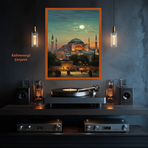 Ayasofya Camii Dolunay Manzaralı Kanvas Tablo – İstanbul Temalı İslami Duvar Dekoru, Dini ve Tarihi Atmosferli Salon Tablosu