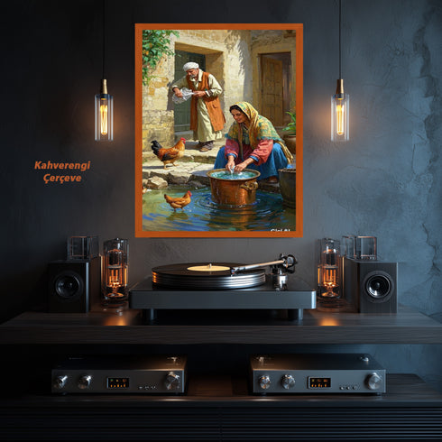 Geleneksel Köy Yaşamı Suluboya Sanat Baskısı, Anadolu Günlük Hayat Sahnesi, Tavuklar ve Taş Evlerle Nostaljik Duvar Dekoru