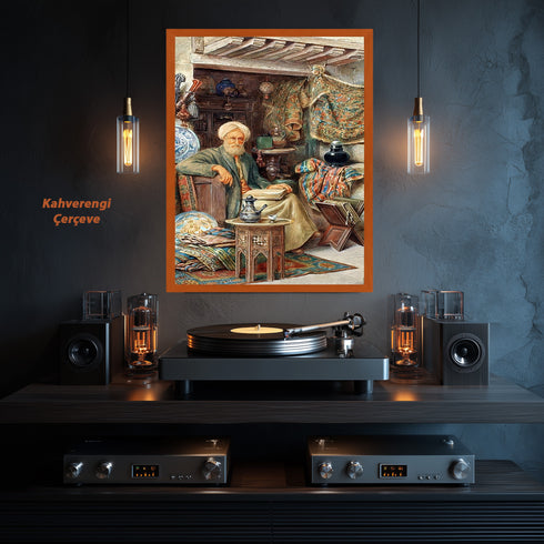 Osmanlı Bilgesi ve Geleneksel Oda Sahnesi Suluboya Sanat Baskısı, El Yazması Kitaplar ve Oryantal Detaylarla Tarihi Duvar Dekoru