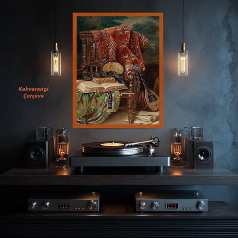 Oryantal Sandalye ve Ud ile Klasik Natürmort Sanat Baskısı, El Yazması Kitaplar ve Kilim Desenleriyle Tarihi Duvar Dekoru