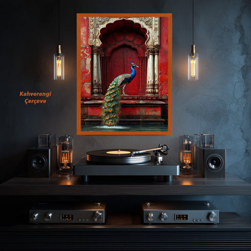 Kırmızı Oryantal Kapı ve Tavus Kuşu Sanat Baskısı, Doğu Mimarisi ve Zarif Detaylarla Egzotik Duvar Dekoru Tablo