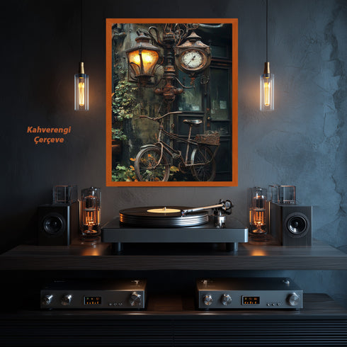 Vintage Sokak Lambası ve Bisiklet Sanat Tablosu Poster, Nostaljik Şehir Detayı ile Rustik Endüstriyel Duvar Dekoru Baskısı Sanatı