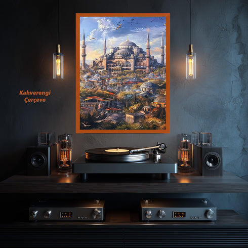 Ayasofya ve Tarihi İstanbul Silüeti Sanat Baskısı, Kubbe ve Minarelerle Osmanlı Mimarisi, Masalsı Şehir Manzarası Duvar Dekoru