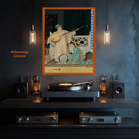 Oryantal Müzik Sahnesi Sanat Tablosu Poster, Osmanlı Dönemi Ud ve Def Çalan Kadınlar ile Klasik Doğu Temalı Duvar Sanatı Baskısı