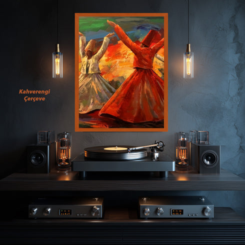 Semazenlerin Sema Dönüşü, Canlı Renklerle Tasvir Edilmiş Tasavvufi Ritüel ve Manevi Derinlik Taşıyan Modern Sanat Tablosu