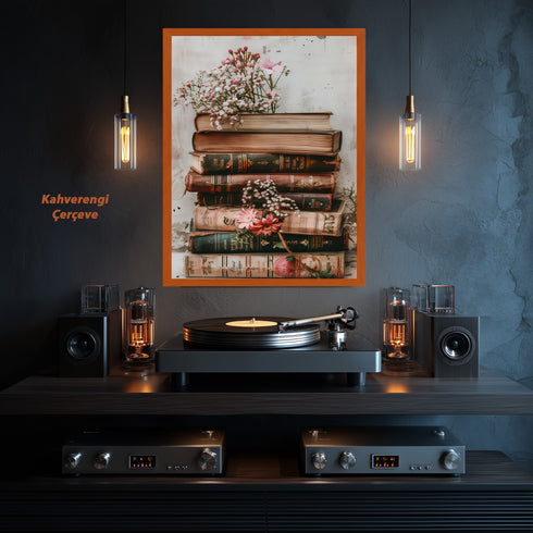 Vintage Kitap Yığını ve Zarif Çiçekler, Nostaljik ve Romantik Atmosferli Estetik Natürmort Sanat Tablosu