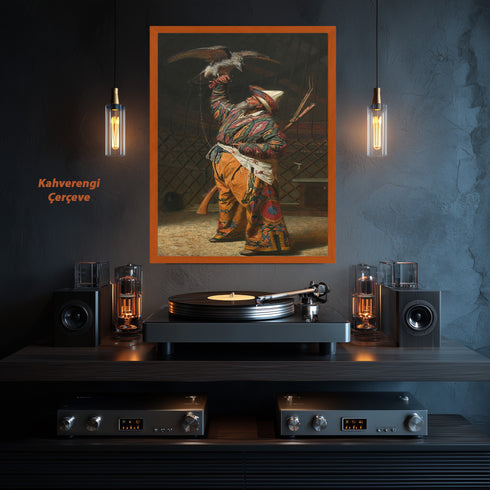 Oryantal Avcı Figürü Sanat Tablosu Poster, Şahinli Osmanlı Av Sahnesi ile Geleneksel Doğu Temalı Klasik Duvar Sanatı Baskısı