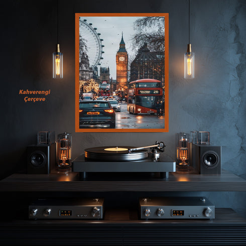 Londra Big Ben ve Kırmızı Otobüs Şehir Manzarası Sanat Baskısı, Yağmurlu Akşam Sokakları ve İkonik Şehir Duvar Dekoru Modern Ofis İçin