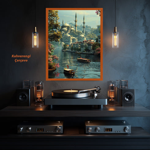 Boğazda Tarihi Cami ve Kayıklar Manzarası Sanat Baskısı, İstanbul’un Yeşil Doğası ve Sakin Suları ile Klasik Duvar Dekoru