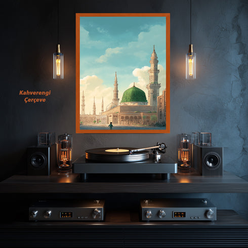 Mescid-i Nebevi ve Yeşil Kubbe Manzaralı Kanvas Tablo – Medine İslami Duvar Dekoru, Dini Mimari Temalı Salon ve Ofis Tablosu