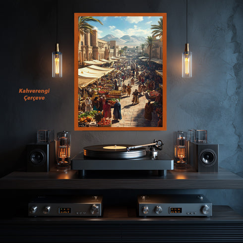 Antik Doğu Pazarı Manzarası Sanat Tablosu Poster, Palmiye Ağaçları ve Tarihi Mimari Arasında Canlı Oryantal Çarşı Sahnesi Duvar Sanatı