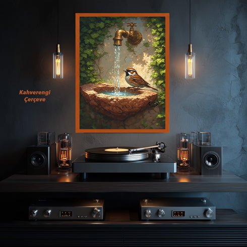 Taş Çeşme ve Serçe Kuşu Sanat Baskısı, Doğal Bahçe Sahnesi ve Akan Su ile Huzur Veren Masalsı Duvar Dekoru
