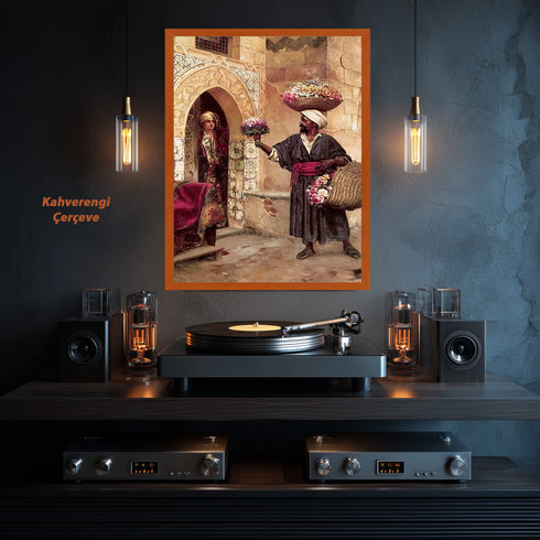 Oryantal Günlük Yaşam Sahnesi Sanat Tablosu Poster, Çiçek Satıcısı ve Osmanlı Mimarisinde Kadın Figürlü Klasik Duvar Sanatı