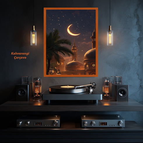 Hilal ve Yıldızlı Gece Camii Manzarası Kanvas Tablo – Ramazan Temalı İslami Duvar Dekoru, Dini ve Manevi Salon Tablosu