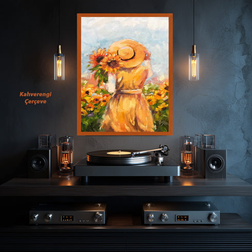 Ayçiçekleri Arasında Şapkalı Kadın, Yaz Esintili Romantik Kırsal Sahneyle Sıcak ve Huzur Veren Sanat Tablosu