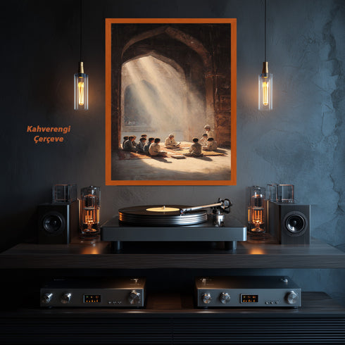 Kur’an Öğrenen Çocuklar Kanvas Tablo – Cami İçinde Manevi Eğitim Temalı İslami Duvar Dekoru, Dini ve Huzur Veren Salon Tablosu