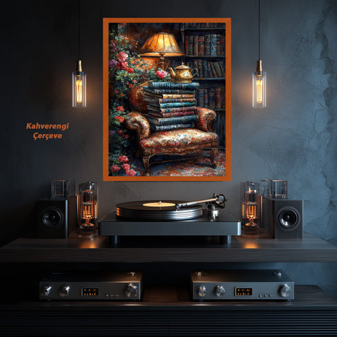 Kitaplarla Dolu Kütüphane Köşesi ve Çaydanlık Sanat Baskısı, Vintage Okuma Atmosferi, Çiçekli Klasik Koltuk ile Nostaljik Duvar Dekoru